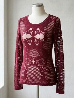Cache Red Rayon Semi Sheer Shirt Long Sleeve Crew Neck Casual Streetwear Top XS